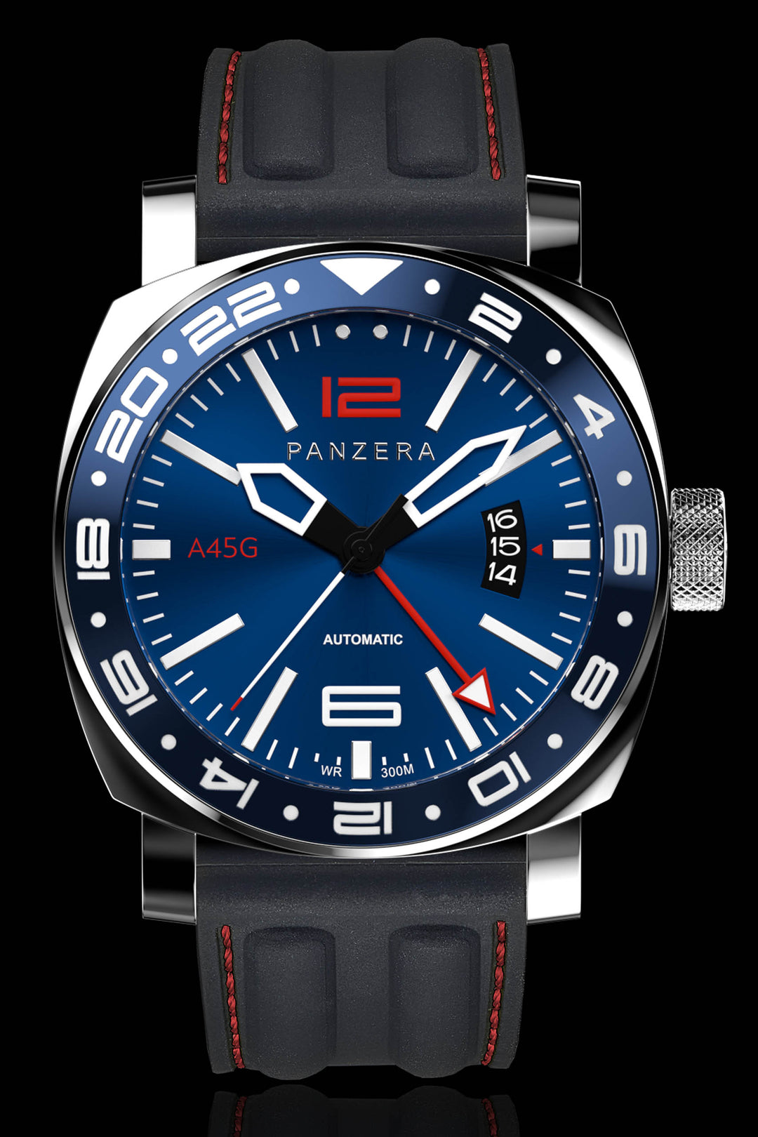 Panzera Aquamarine Pacific Porto Orologio Uomo Automatico – Cassa 45mm Acciaio Nero, Cinturino Silicone, Quadrante Nero, Datario, Impermeabile 200m
