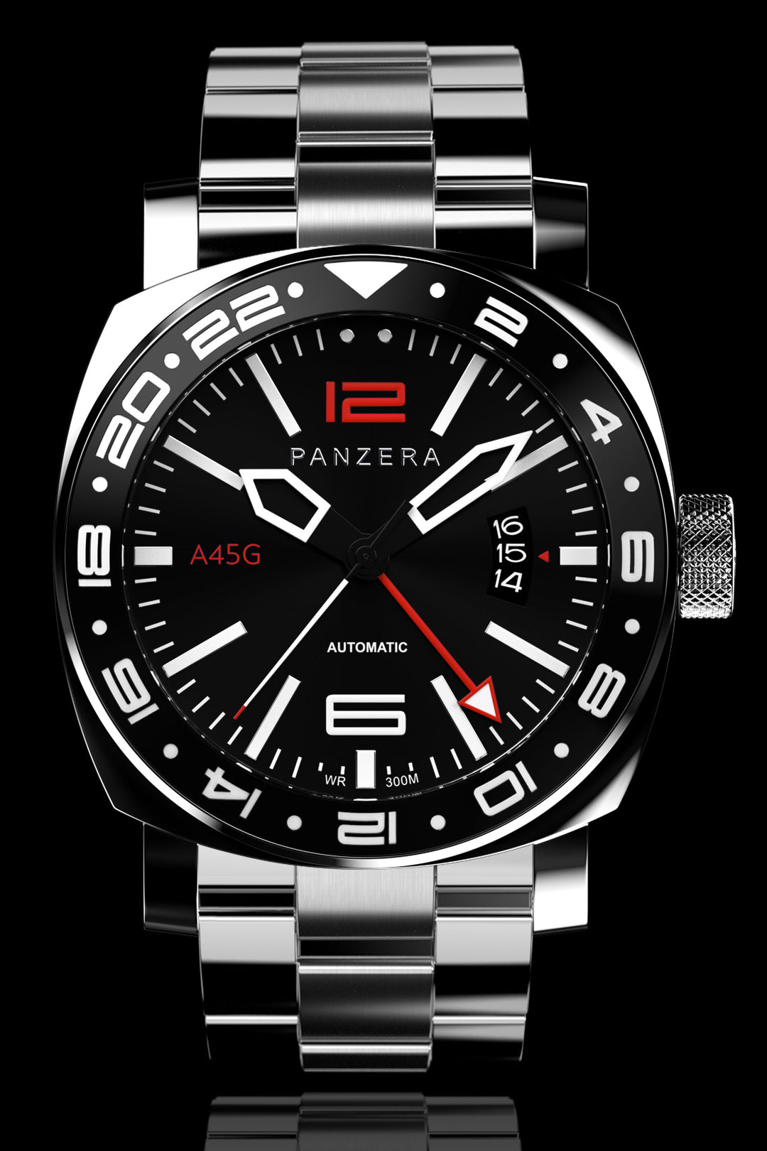 Panzera Flieger 45G Orologio Uomo Automatico: Acciaio 316L, Vetro Zaffiro, GMT, 100m, Movimento Giapponese NH34A
